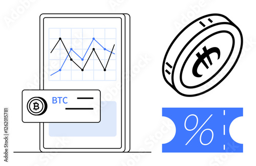 Mobile device displaying a Bitcoin price graph, BTC card, Bitcoin coin, and percentage cut-out symbol. Ideal for cryptocurrency investment, market analysis, digital currency, savings, fintech