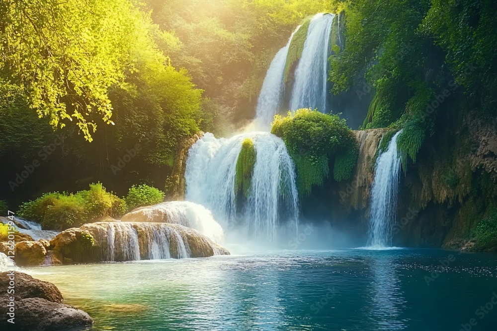 Obraz premium Majestic waterfall cascading into a serene turquoise pool, surrounded by lush green foliage in sunlight.
