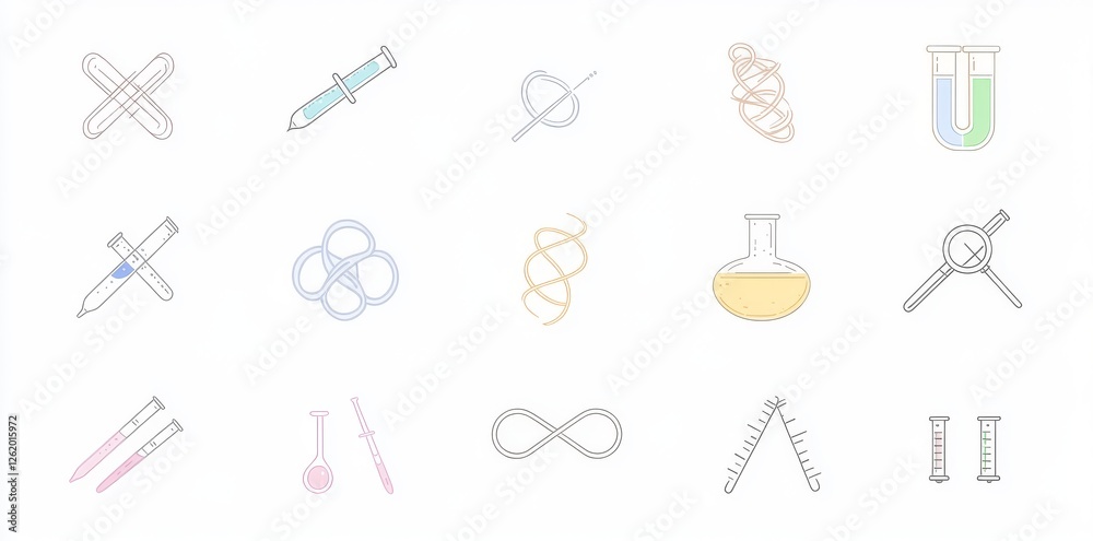 A collection of modern, outlined nanotechnology science icons, set against a white background A collection of modern, outlined nanotechnology science icons, set against a white background