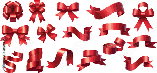 realistic red ribbons set. Ribbons collection isolated on white background. Design element, decorative sticker. Cute folded ribbon for sale banner, advertisement, celebrations. Vector illustration 