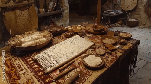 Woven textiles artisan workshop, tools and materials on table, historic craftspeople's area