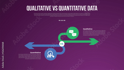 qualitative vs quantitative data infographic outline style with 2 point comparison template with circle and long arrow opposite direction for slide presentation