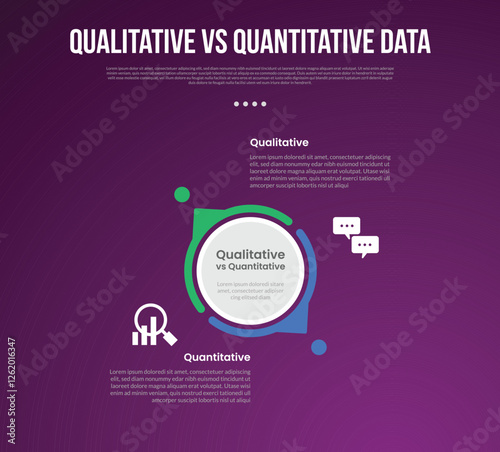 qualitative vs quantitative data infographic outline style with 2 point comparison template with big circle center and creative small arrow outline for slide presentation