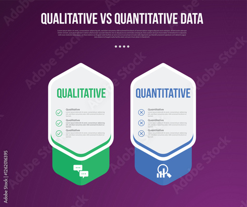 qualitative vs quantitative data infographic outline style with 2 point comparison template with creative big hexagon price box table for slide presentation