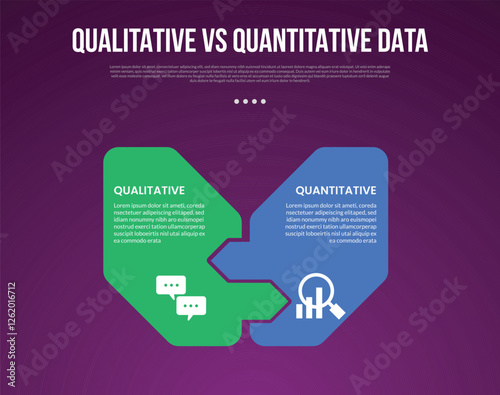 qualitative vs quantitative data infographic outline style with 2 point comparison template with puzzle jigsaw on arrow shape for slide presentation