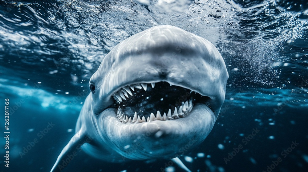 Naklejka premium Close-up underwater shot of a shark's open mouth, revealing sharp teeth.