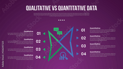 qualitative vs quantitative data infographic outline style with 2 point comparison template with creative sharp outline shape unbalance for slide presentation