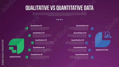 qualitative vs quantitative data infographic outline style with 2 point comparison template with creative round arrow shadow with curve point for slide presentation