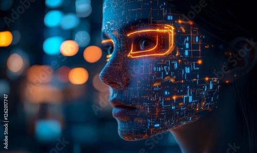 High-Tech Facial Recognition Technology at Night with Futuristic Digital Interface for Security and Artificial Intelligence Concepts, Generative AI