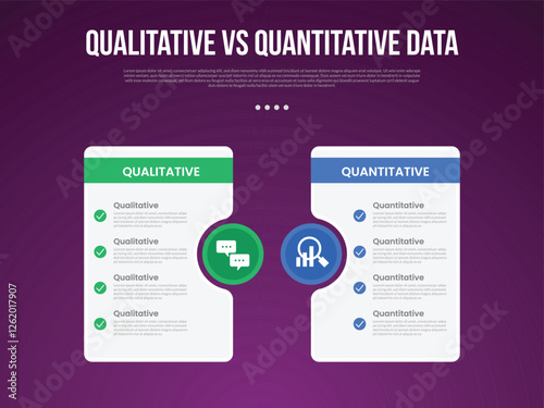 qualitative vs quantitative data infographic outline style with 2 point comparison template with big table and circle accessories for slide presentation