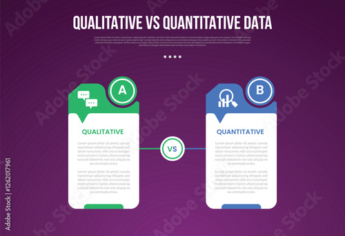 qualitative vs quantitative data infographic outline style with 2 point comparison template with creative table with circle and small arrow callout for slide presentation