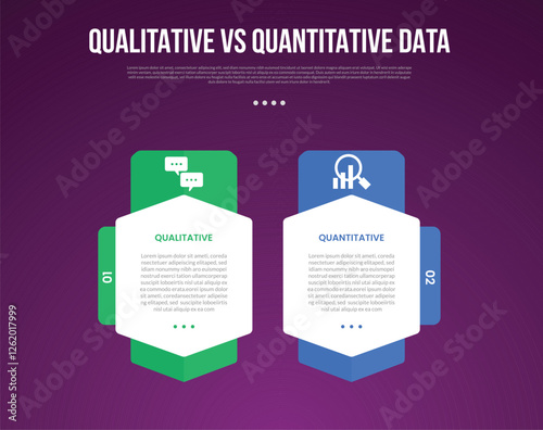 qualitative vs quantitative data infographic outline style with 2 point comparison template with big hexagon container with round badge for slide presentation