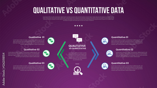 qualitative vs quantitative data infographic outline style with 2 point comparison template with creative line arrow opposite on center for slide presentation