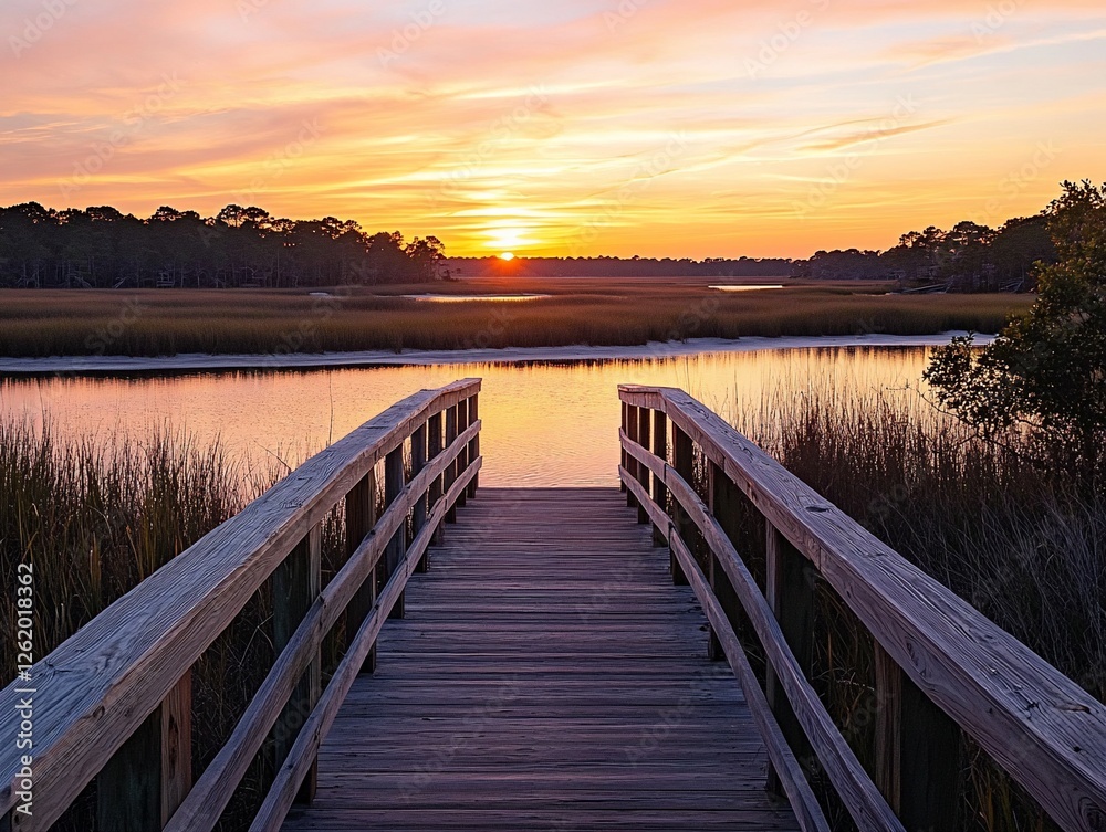 Obraz premium Serene sunset over calm water, viewed from wooden dock.