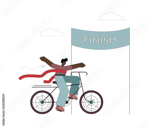 A man on a bicycle crosses the finish line. Achievement of the goal. Victory. Personal record. Overcoming difficulties.eps