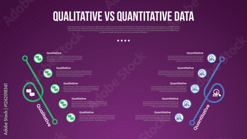 qualitative vs quantitative data infographic outline style with 2 point comparison template with creative slope shape on vertical direction for slide presentation