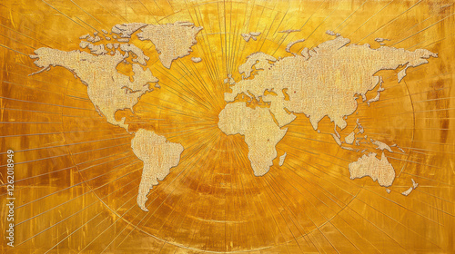 vibrant golden world map with radiating lines, showcasing continents in stunning metallic finish. This artwork adds touch of elegance and sophistication to any space photo