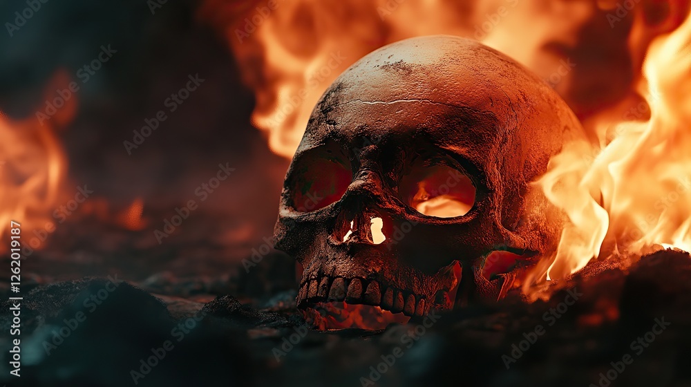 A skull surrounded by flames, creating a dramatic and eerie atmosphere. A skull surrounded by flames, creating a dramatic and eerie atmosphere.