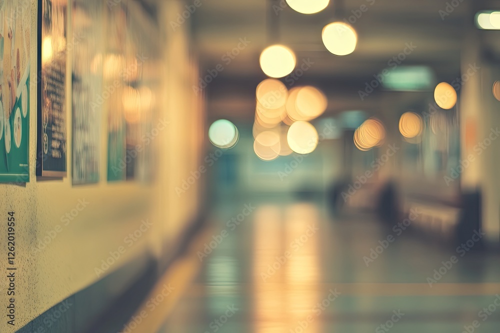 Posters line dimly lit hallway, blurry background, waiting area Posters line dimly lit hallway, blurry background, waiting area