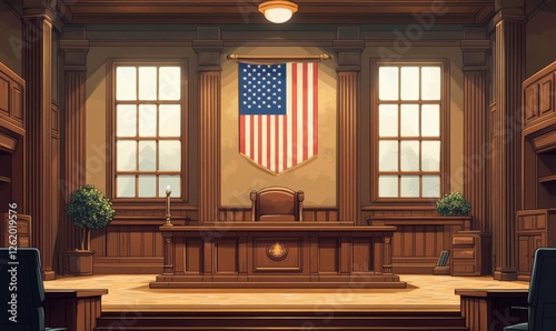 Elegant and traditional wooden courtroom interior with judge's bench, witness stand, and American flag symbolizing justice and legal proceedings, Generative AI
