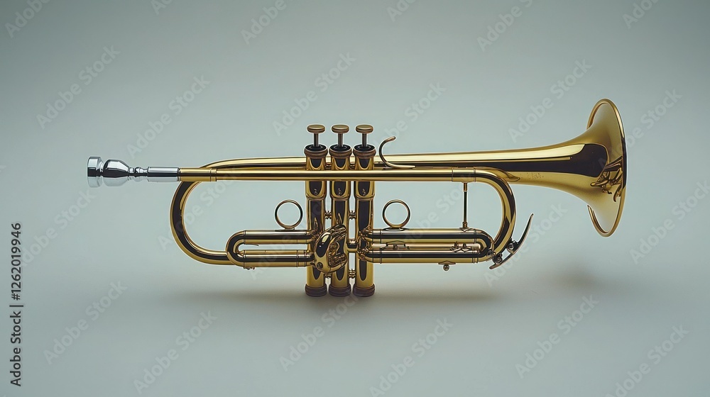 Obraz premium Golden trumpet rests on neutral background, studio shot, music promotion