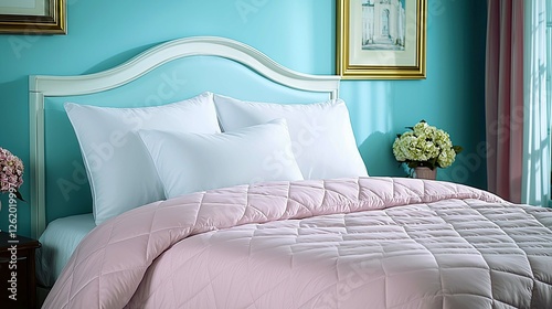 Serene Bedroom Decor: Pink Comforter, White Pillows, and Teal Walls. Create a peaceful and relaxing atmosphere for a perfect night's sleep. photo