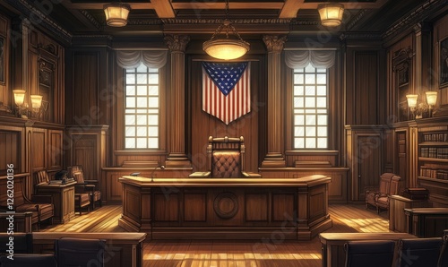 Elegant and traditional wooden courtroom interior with judge's bench, witness stand, and American flag symbolizing justice and legal proceedings, Generative AI