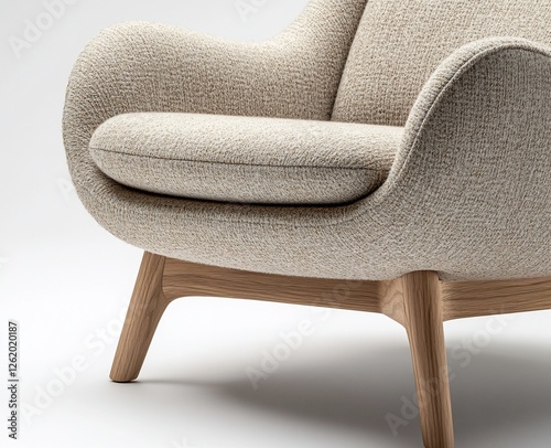 Close-up of a beige fabric armchair with light wooden legs.