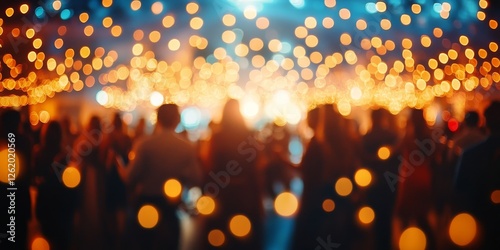 Blurred figures of people dancing in a hall with glowing bokeh lights, capturing the warm, festive atmosphere of a joyous celebration or elegant event, Generative AI