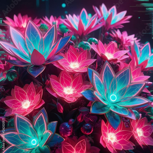 beautiful vibrant A futuristic floral illustration with digital glitch effects
