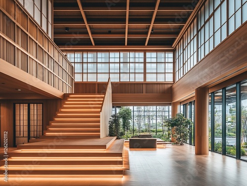 Modern wooden staircase in a spacious, minimalist lobby with large windows and natural light.