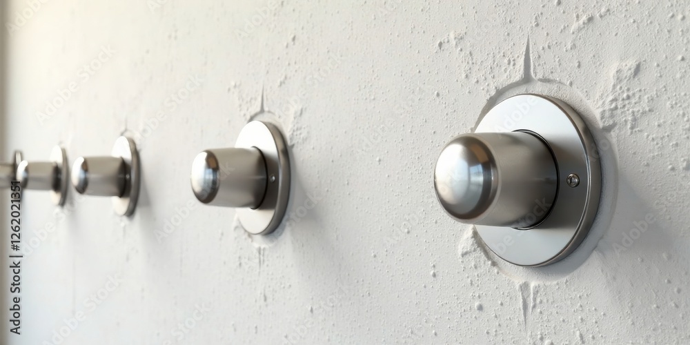 Sleek metallic knobs mounted on a textured white wall, a minimalist design aesthetic Sleek metallic knobs mounted on a textured white wall, a minimalist design aesthetic