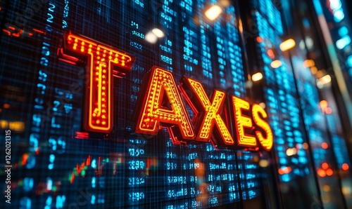 Vivid neon TAXES sign on a dynamic business stock market financial display symbolizing tax season, financial analysis, and government revenue, Generative AI