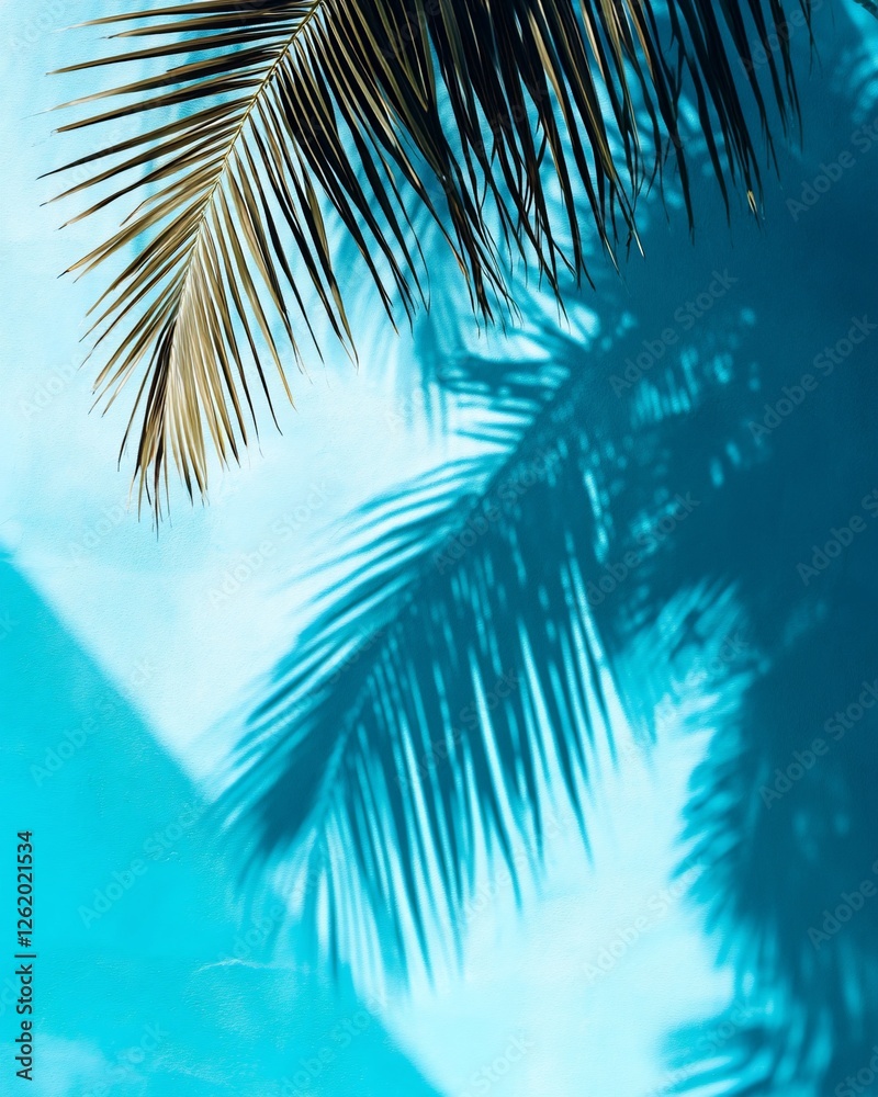 Fototapeta premium Palm tree leaves and shadow cast on a vibrant teal background.