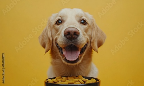 Pampered Pooch: Delighted Dog Enjoying a Hearty Meal. Smiling happy dog standing in front of bowl with dog food on plain background. Generative AI