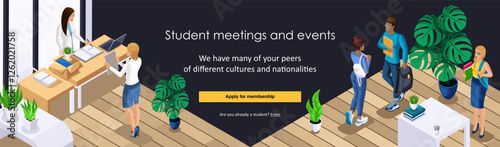 Landing page Isometric. The header of the site with a vivid illustration of student life. We have many of your peers of different cultures and nationalities. Trendy