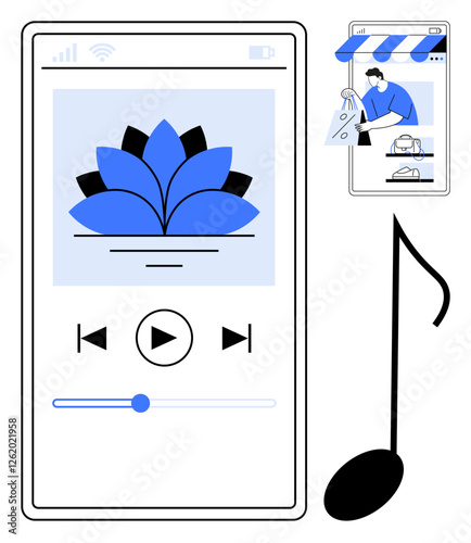 Large smartphone displays music player app while another phone app shows online shopping. Ideal for technology, digital lifestyle, music, e-commerce, mobile applications, consumer behavior, abstract