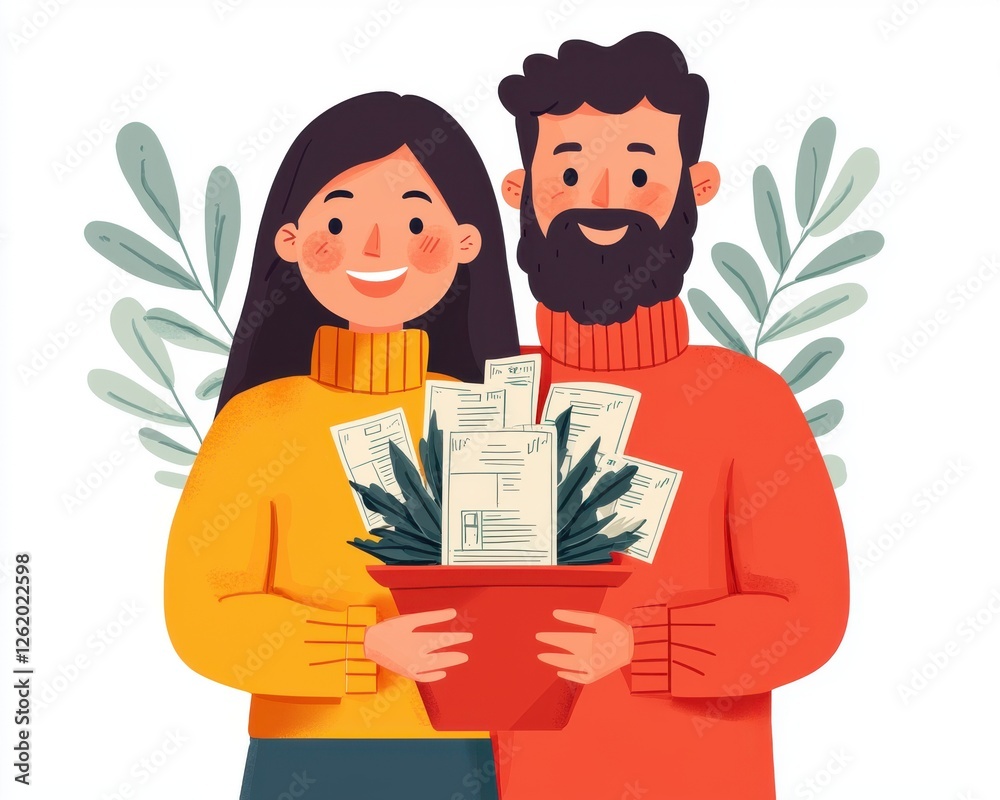 financial freedom independence strategy value concept. A couple joyfully holds a potted plant with financial documents, symbolizing growth and investment. financial freedom independence strategy value concept. A couple joyfully holds a potted plant with financial documents, symbolizing growth and investment.