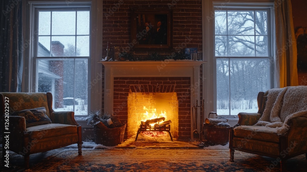 Fototapeta premium Cozy living room with fireplace, snow falling outside.