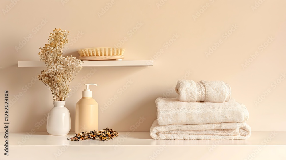 Beige wall background, shelf, soap bottle, towels, dried flowers, white bathroom, front view, home decor mockup,
