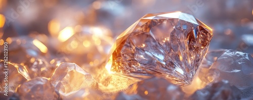 Close-up of a sparkling,faceted diamond amidst a cluster of smaller crystals, illuminated by a warm, golden light 