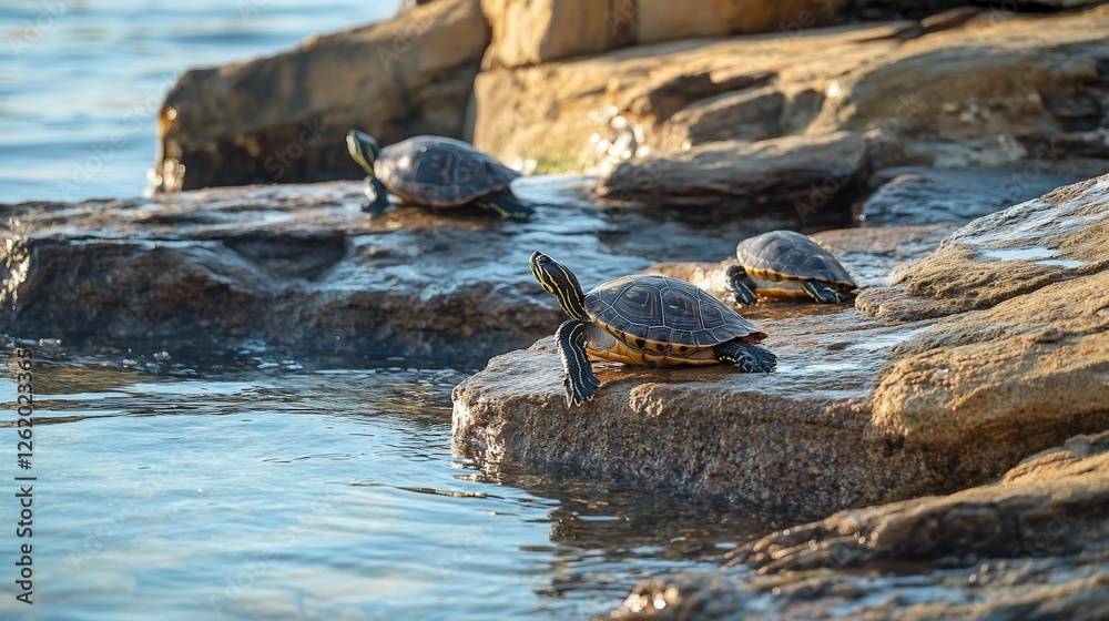 Fototapeta premium Three turtles basking on sunlit rocks near calm water.
