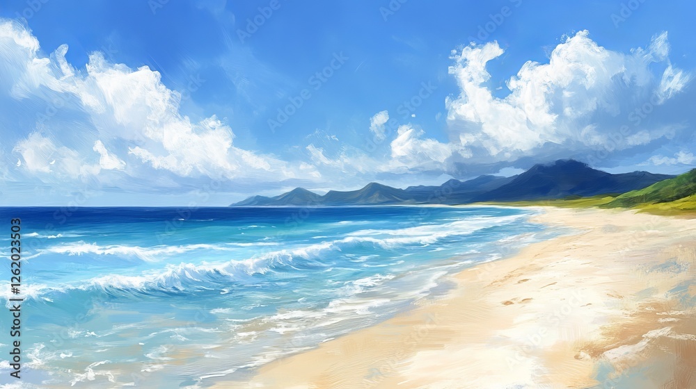 Vibrant Coastal Scene Depicting Tranquil Beach with Soft Sand and Gentle Waves Under a Brilliant Blue Sky Evoking a Sense of Peace and Natural Beauty in an Idyllic Seaside Setting Vibrant Coastal Scene Depicting Tranquil Beach with Soft Sand and Gentle Waves Under a Brilliant Blue Sky Evoking a Sense of Peace and Natural Beauty in an Idyllic Seaside Setting