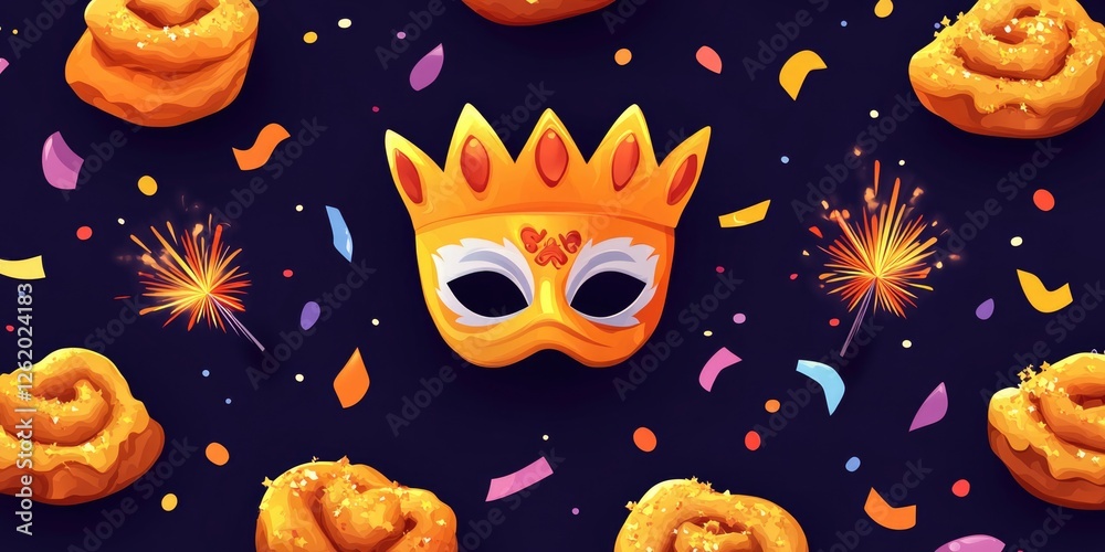 Fototapeta premium Illustrated delicious cinnamon rolls with a festive crown, confetti, and sparklers on a dark background.