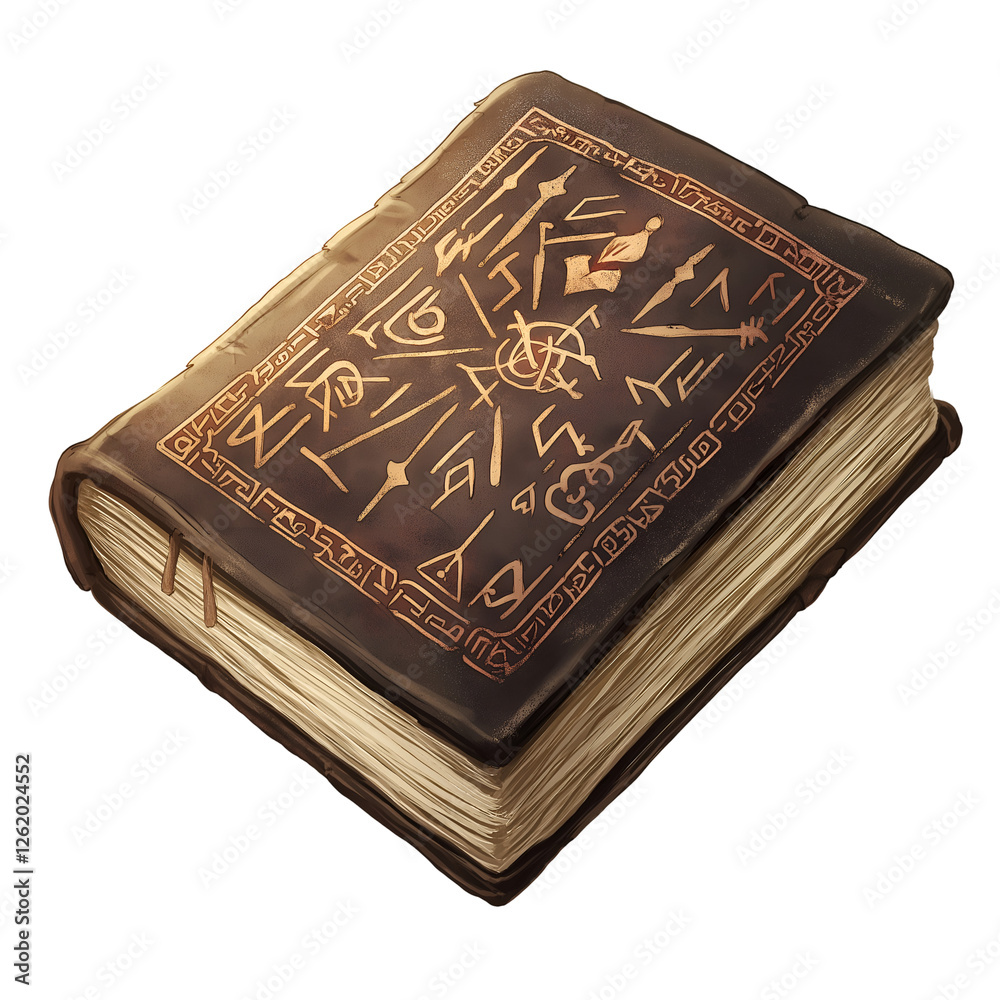 Fototapeta premium A book of runes with ancient symbols, Isolated on transparent or white background cut out, Mythology and Fantasy clip art concept