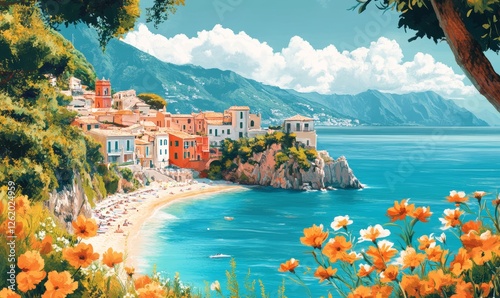 Vintage 1970s Italian Coastal Landscape with Sunny Beach and Blooming Flowers, Retro Postcard Vibes, Summer Day, Tranquil Seaside Scenery, Historical Mediterranean, Generative AI