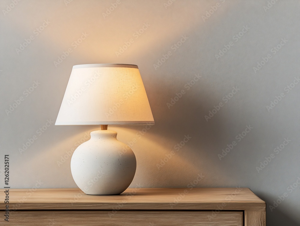 White table lamp with fabric shade on wooden surface. White table lamp with fabric shade on wooden surface.
