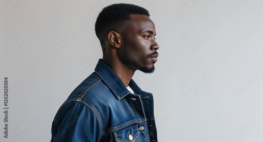 Obraz premium Black African guy dark blue denim jacket middle age side view portrait on plain white background
