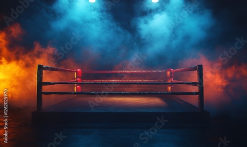 Empty Professional Boxing Ring Under Dramatic Lighting and Smoke, Ideal for Sports Event Promotion and Training Atmosphere Illustration, Generative AI