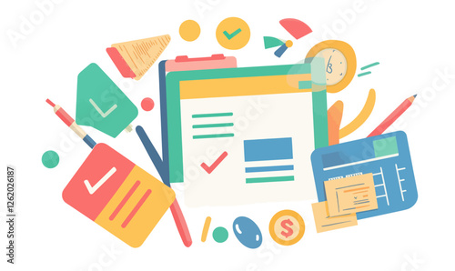 Colorful Credit Report Illustration with Financial Tools and Stationery in Minimalist Style
